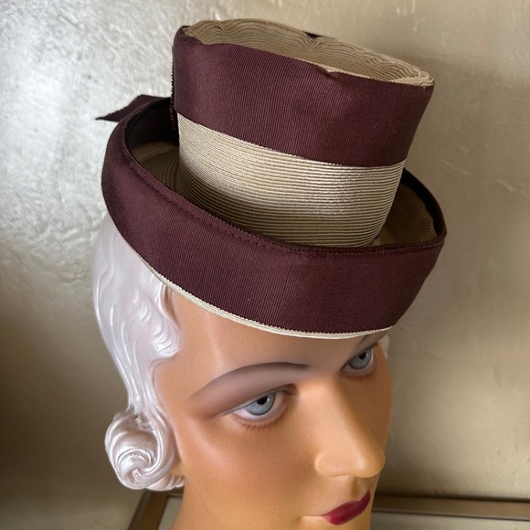 GORGEOUS TAN STRAW 1930s\' TOY TILT HAT BITH BROWN GROSGRAIN TRIM main image 7